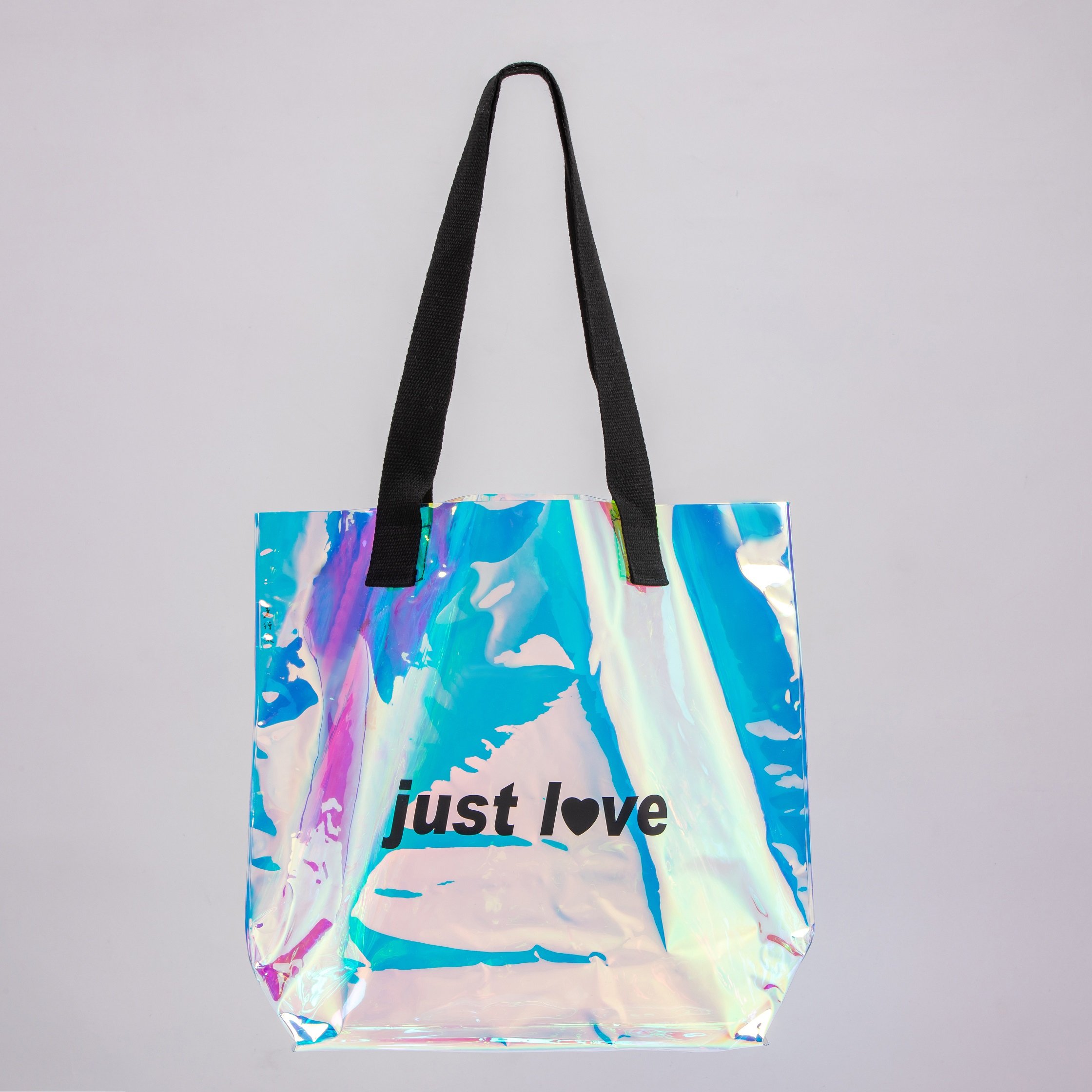 Custom Fashion clear PVC handbag for women, holographic PVC tote bag, rainbow holographic PVC shopping bag